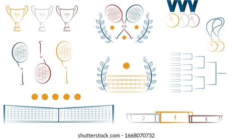 Vector set of tennis elements. Logos with rackets and balls.Competition equipment. Sport tournament topic