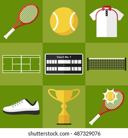 Vector set of tennis icons in flat design style.