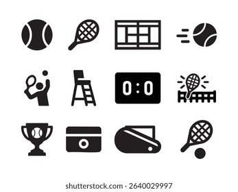 Vector set of tennis icons in line style. Includes rackets, tennis balls, courts, and player elements, perfect for sport-related designs.