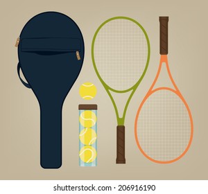 Vector set of tennis rackets, tennis bag and tennis balls