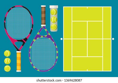 Vector set of tennis rackets and tennis balls