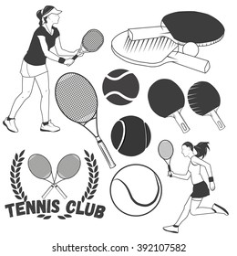 Vector set of tennis sport labels in vintage style. Tennis balls and rackets. Design elements, icons, logo, emblems and badges isolated on white background.