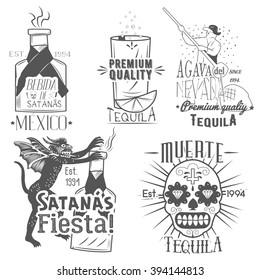 Vector set of tequila labels in vintage style. Mexican alcohol drink, berida. Hand drawn menu design elements, icons, logo, emblems and badges isolated on white background.