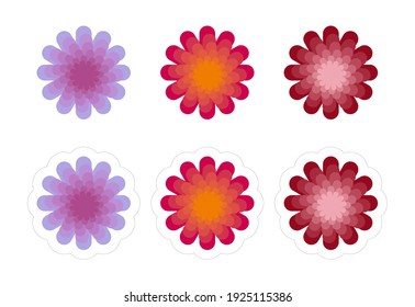 Vector set of terry flower icons. Simple aster, chrysanthemum or daisy stickers with white outline