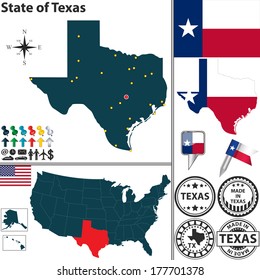 Vector set of Texas state with flag, coat of arms and icons on white background