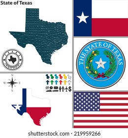 Vector set of Texas state with seal and icons on white background