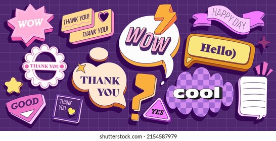 Conjunto vectorial de burbujas de texto en estilo retro.Con elementos de texto en un fondo morado oscuro. Diversas formas de burbujas con patrones hipster son adecuadas para diseñar banners, sitios web, presentaciones.