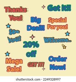 vector set text effect happy greeting thank you, see you, welcome, mega sale, promotion, 20% off, order now, isolated on cream background