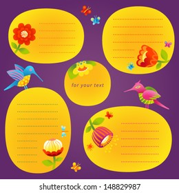 Vector set of text frames, humming-birds and flowers. Tropical birds, butterflies and dragonfly. It can be used for decorating of invitations, cards, labels, design of price tags, decoration for bags.