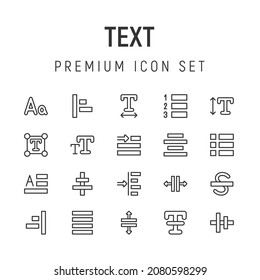 Vector set of text thin line icons. Design of 20 stroke pictograms. Signs of text isolated on a white background.