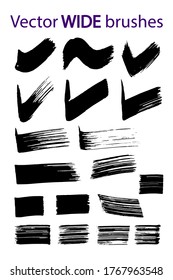 Vector set of texture brush strokes hand drawn in black ink with a wide brush. Vector collection of traced black wide brushes on a white background.