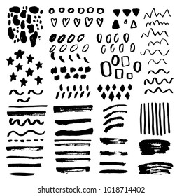 Vector set of textured abstract grunge stains, scratch, strokes, traces brush in black ink. Isolated on white elements for designs postcards, banners, cards, backgrounds, decoration birthday, kid room