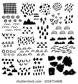 Vector set of textured abstract grunge stains, scratch, strokes, traces brush in black ink. Isolated on white elements for designs postcards, banners, cards, backgrounds, decoration birthday, kid room