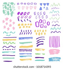 Vector set of textured abstract stains, strokes, traces brush in color pastel minimalism. Isolated on white elements for designs postcards, banners, cards, backgrounds, decoration birthday, kid room
