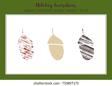 Vector set of textured acorns, stylized imprints on fabric, bricks and wood planks. Colored isolated elements for holiday cards or stamp brushes creating.