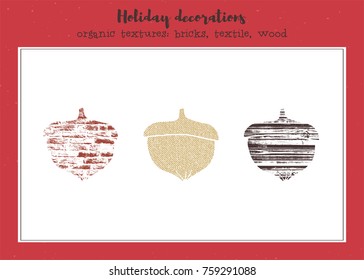 Vector set of textured acorns, stylized imprints on fabric, bricks and wood planks. Colored isolated elements for holiday cards or stamp brushes creating.