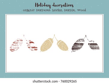 Vector set of textured acorns, stylized imprints on fabric, bricks and wood planks. Colored isolated elements for holiday cards or stamp brushes creating.