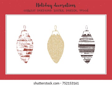 Vector set of textured Christmas tree toys, stylized imprints on textile, bricks and wood planks. Colored isolated elements for holiday cards or stamp brushes creating.