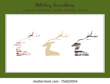 Vector set of textured deers, stylized imprints on textile, bricks and wood planks. Colored isolated elements for holiday cards or stamp brushes creating.
