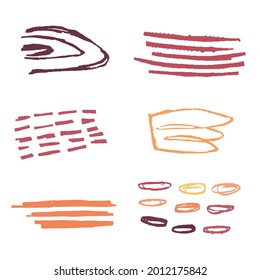 Vektorset aus strukturierten Doodles. Abstrakte dekorative Grunge-Formen. Pinselstrich-Stil. Handgezeichnete Linie, Kreis, Punkt. Moderne, bunte Design-Elemente.
