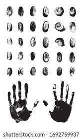Vector set of textured, and grunge fingerprints, and handprints for your design. Collection of black templates on white background for illustrations about cybersecurity.