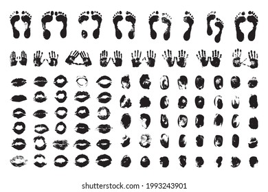Vektorset mit strukturiertem Material, farbige Handabdrücke und Fußspuren sowie Lippenstifte für Ihr Design. Sammlung von schwarzen Vorlagen auf weißem Hintergrund für Illustrationen über Cybersicherheit.