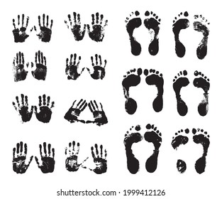 Vector set of textured, and grunge handprints and footprints and lipsticks for your design. Collection of black templates on white background for illustrations about cybersecurity.