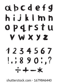 Vector set of textured and grunge letters, numbers and punctuation marks for your font. Alphabet with exclamation and question mark, plus, minus, colon, point, comma and other signs. Handwritten ABC.