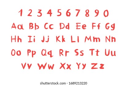Vector set of textured and grunge letters, numbers and punctuation marks for your font. Alphabet with exclamation and question mark, plus, minus, colon, point, comma and other signs. Handwritten ABC.