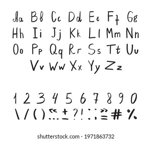 Vector set of textured and grunge letters, numbers and punctuation marks for your font. Alphabet with exclamation and question mark, plus, minus, colon, point, comma and other signs. Handwritten ABC.
