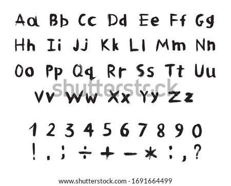 Vector set of textured and grunge letters, numbers and punctuation marks for your font. Alphabet with exclamation and question mark, plus, minus, colon, point, comma and other signs. Handwritten ABC.