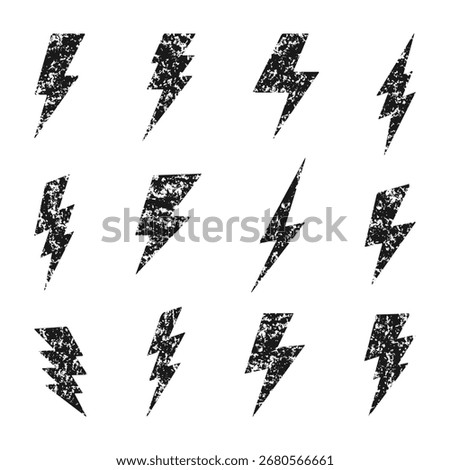 Vector set of textured lightning bolt icons with grunge style, energy and power symbol for decoration or design.