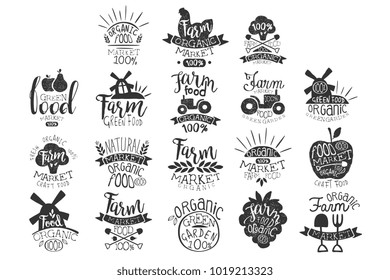 Vector set of textured monochrome labels for farm market. Green garden. Emblem for organic food store. Natural products. Hand drawn logos with lettering
