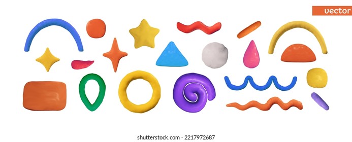 Vector set of textured plasticine shapes for templates design. Colorful clay objects in 3d style.