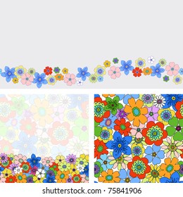 Vector set of textured seamless patterns backgrounds and borders with hand drawn  flowers.