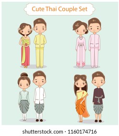 vector set of thai couple in traditiomal dress for wedding invitation card