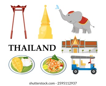 Vector set of Thai cultural icons, including tuk-tuk, elephant, temple, and traditional foods with the word  THAILAND. Perfect for travel and cultural designs.