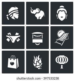 Vector Set of Thailand Icons. Muay Thai, elephant, Buddha, Prostitution, Fast Food, Travel, Shopping, Dragon Fruit, Walking Street. Thai culture and travel around the country.