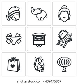 Vector Set of Thailand Icons. Muay Thai, elephant, Buddha, Prostitution, Fast Food, Travel, Shopping, Dragon Fruit, Walking Street. Culture and travel around the country.
