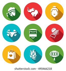 Vector Set of Thailand Icons. Muay Thai, elephant, Buddha, Prostitution, Fast Food, Travel, Shopping, Dragon Fruit, Walking Street.