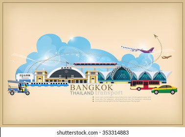 vector set of Thailand transportation, Bangkok city Travel, Bangkok Railway Station, Suvarnabhumi international airport, sky train 