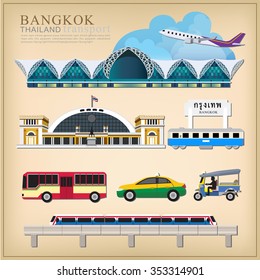 vector set of Thailand transportation, Bangkok city Travel, Bangkok Railway Station, Suvarnabhumi international airport, sky train 