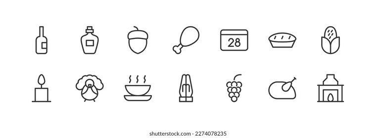 Vector set of thanksgiving day thin line icons. Design of stroke pictograms. Signs of calendar isolated on a white background