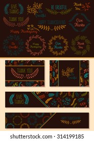 Vector set of thanksgiving design elements with text. Banners, cards, wreaths, laurels