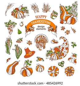 Vector set of Thanksgiving design elements. Traditional festive symbols isolated on white background. Turkey, horn of plenty, pilgrim's hat, pumpkin, corn, wheat, sunflower, autumn leaves and others.