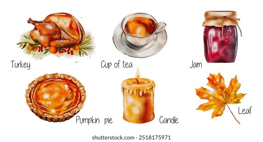 Vector set of Thanksgiving dinner essentials. Watercolour turkey, candle, cup of tea, jam, autumn leaf, pumpkin pie. Autumn decorative set of objects