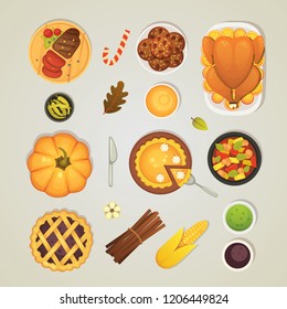 Vector Set Thanksgiving Dinner Icons, Top View. Food On The Table: Roast Turkey, Pie, Sauce, Pumpkin, Vegetables Illustration.