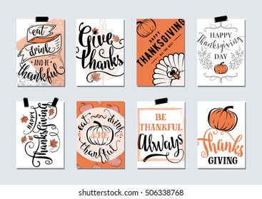 Vector set of thanksgiving holidays hand drawn invitation and greeting card with handwritten lettering greetings, words and phrases. Happy thanksgiving day wishes template with turkey, pumpkin, leaves