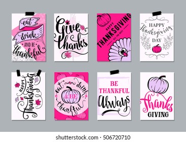Vector set of thanksgiving holidays hand drawn invitation and greeting card with handwritten lettering greetings, words and phrases. Happy thanksgiving day wishes template with turkey, pumpkin, leaves