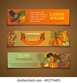 Vector set of Thanksgiving horizontal banners. Pumpkin, turkey, horn of plenty, pilgrim's hat, wheat, corn, sunflower, grape, apple and pear, autumn leaves. Traditional harvest autumn symbols.